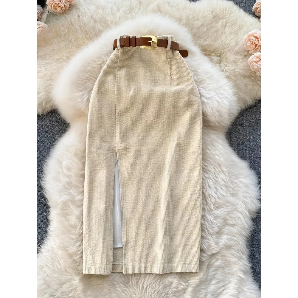 المرأة الكورية سبليت مثير تنورة طويلة 2025 الشتاء سروال قصير سليم سميكة الشارع الشهير موضة خمر الخريف Bodycon تنورة خمر