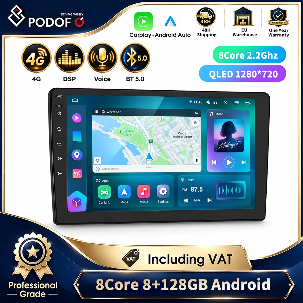 Lecteur multimédia Android pour voiture Podofo 10,1'' 8 cœurs 8+128 Go Écran QLED avec navigation GPS WiFi 4G Bluetooth DSP Radio FM AM RDS CarPlay sans fil Android Auto Écran partagé