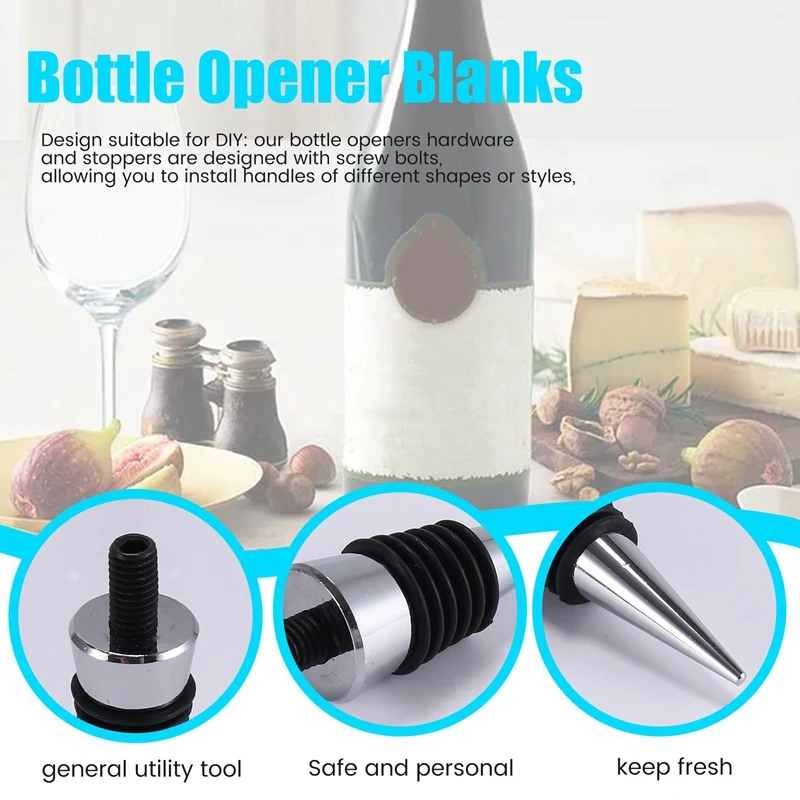 Wine Stopper,Blank Bottle Opener Chrome Bottle Stopper Opener Set Hardware For Wedding Wine Party Wood Turning DIY