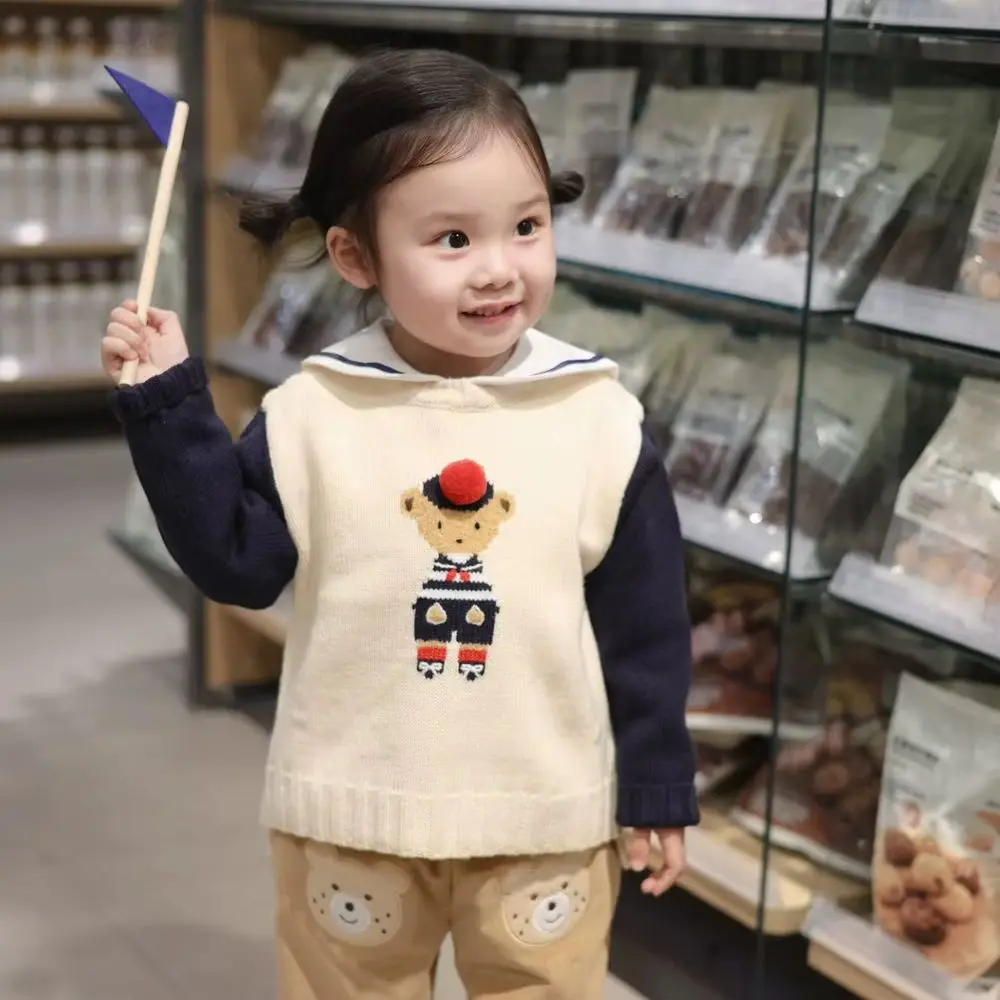 

kids girls clothes boys tops baby sweaters Cartoon teddy bear pattern cute Color blocked knitted pullover Boys' Girls' Sweaters