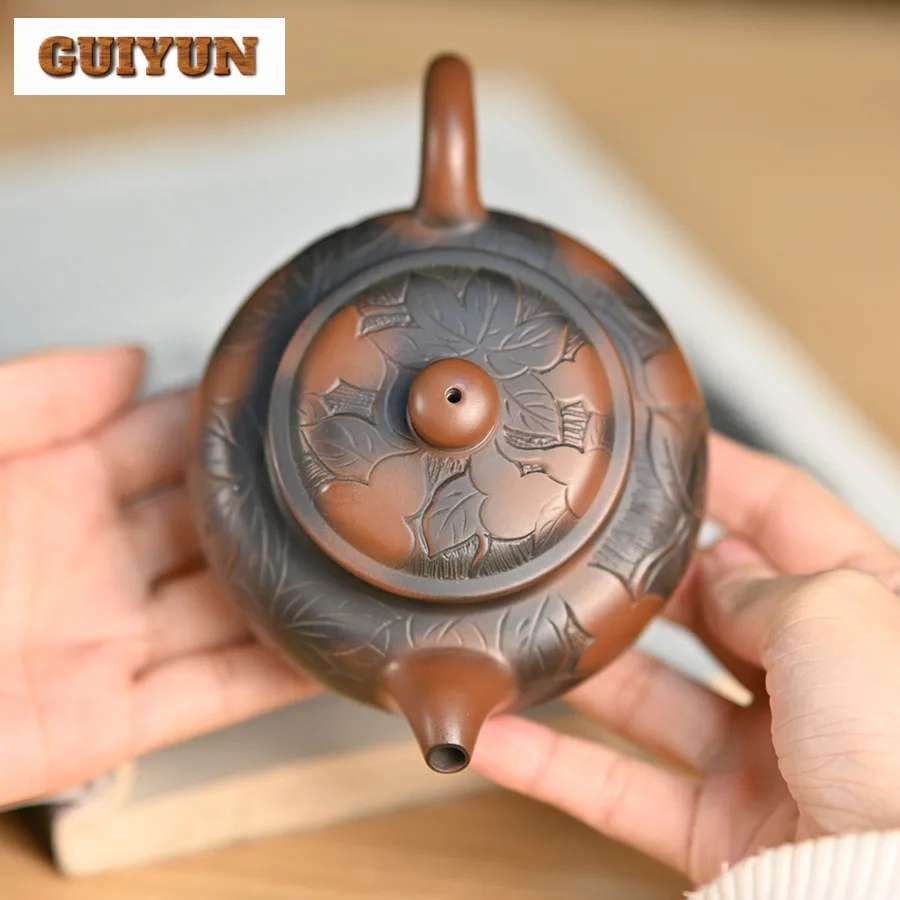 200ml Antique Qinzhou Nixing Pottery Teapot Handmade Engrave Fully Carved Gourd Pot Raw Ore Mud Kettle With Filter Teaset Crafts