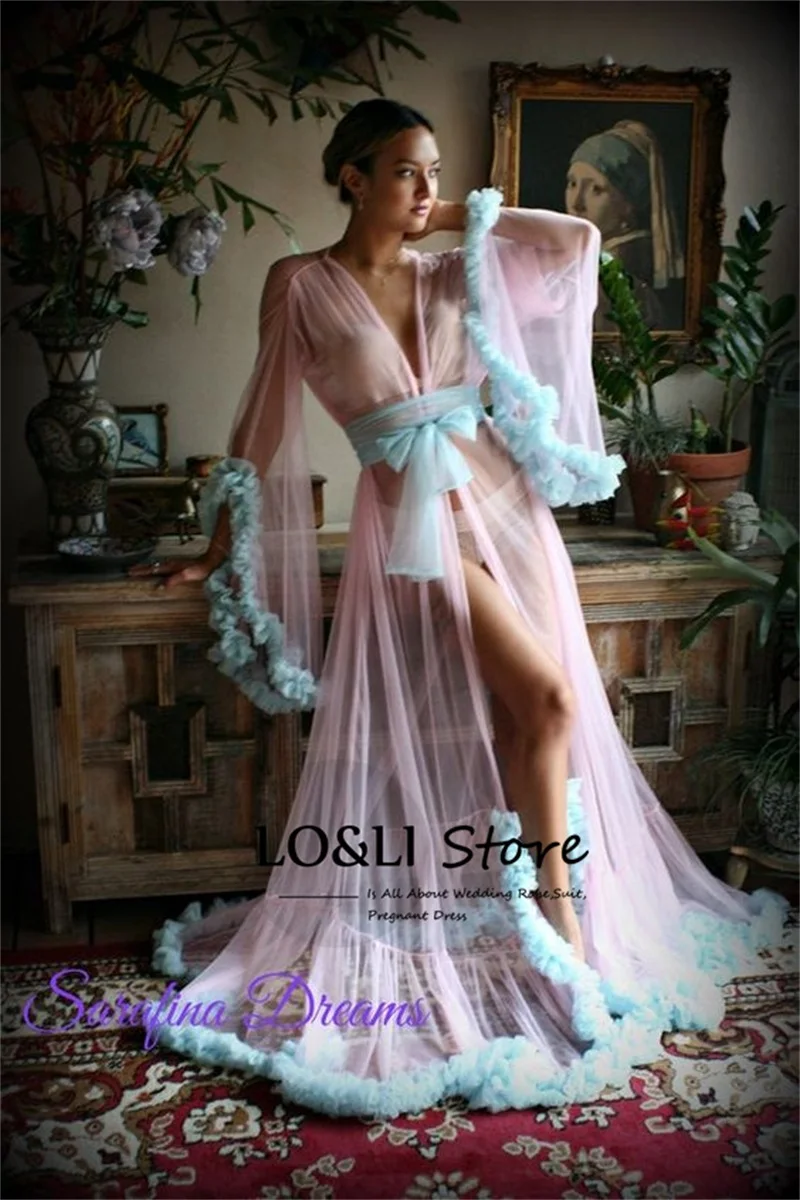 See Through Sexy Wedding Robe For Women Patchwork Puffy Sleeve Floor Dress Tulle Pajamas Female Beach Dresses Maternity Photo