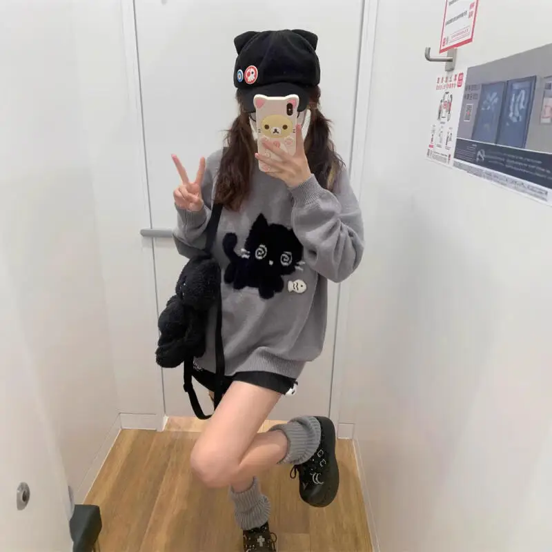 

Свитер с героями мультфильмов для девочек, осень-зима, милый новый ленивый сохраняющий тепло, милый жаккардовый топ с котенком, свободный минималистичный мягкий и липкий трикотаж