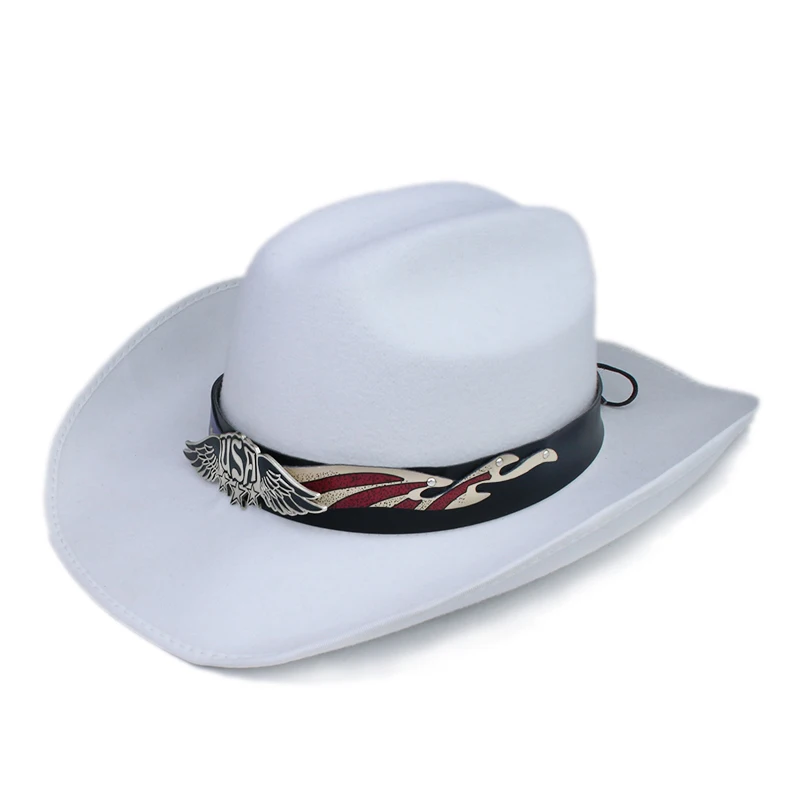 Retro USA Letter Wing Leather Belt  Band  Autumn Winter Warm Women Men Felt  Yellowstone Cap Cowboy Hat 56-59cm Adjust