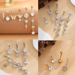 3-6pcs/lot Crystal CZs Belly Ring Set Stainless Steel Reversed Bar Belly Clicker Piercing Jewelry Gold Heart Flower Navel Rings