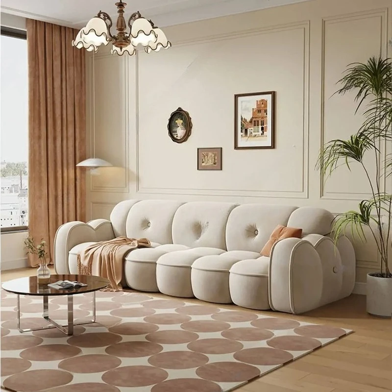 

X-S retro living room small apartment cream style antique straight row caramel color fabric sofa