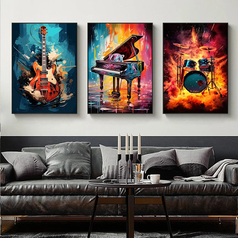 Frameless Abstract Colorful Art Musical Instruments Drum Kit Guitar Posters Prints Canvas Paintings Music Wall Art Picture Home