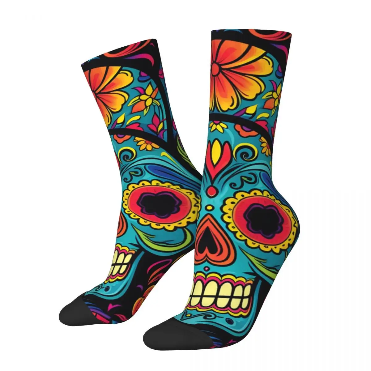 

Retro Folk Art Sugar Skull Day Of The Dead Soccer Socks Dia De Los Polyester Crew Socks for Unisex Sweat Absorbing