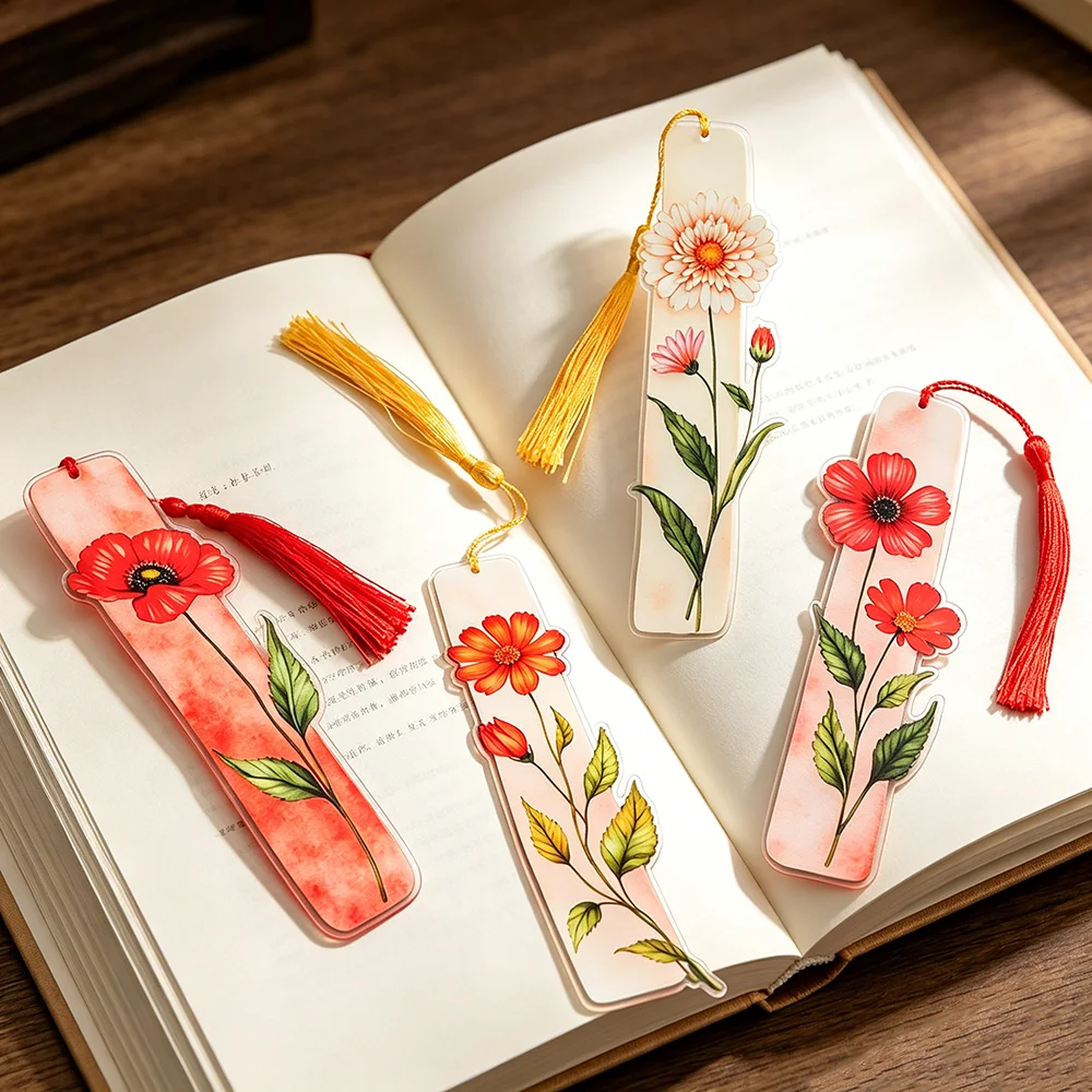 

Watercolor Floral Bookmark Acrylic Irregular Flower Tassel Bookmark Double Sided Cute Reading Gift for Women