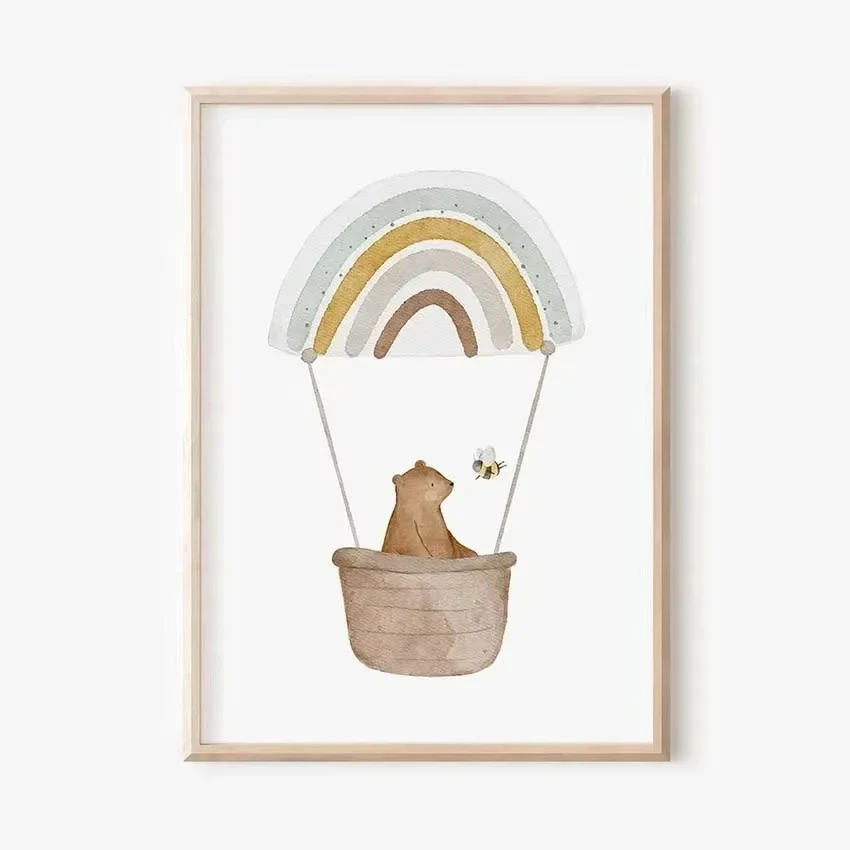 Large-sized Boho Cartoon Farm Animals Wall Art Canvas Painting Rabbit Bear Bee Flower Posters and Prints Pictures for Baby Kids