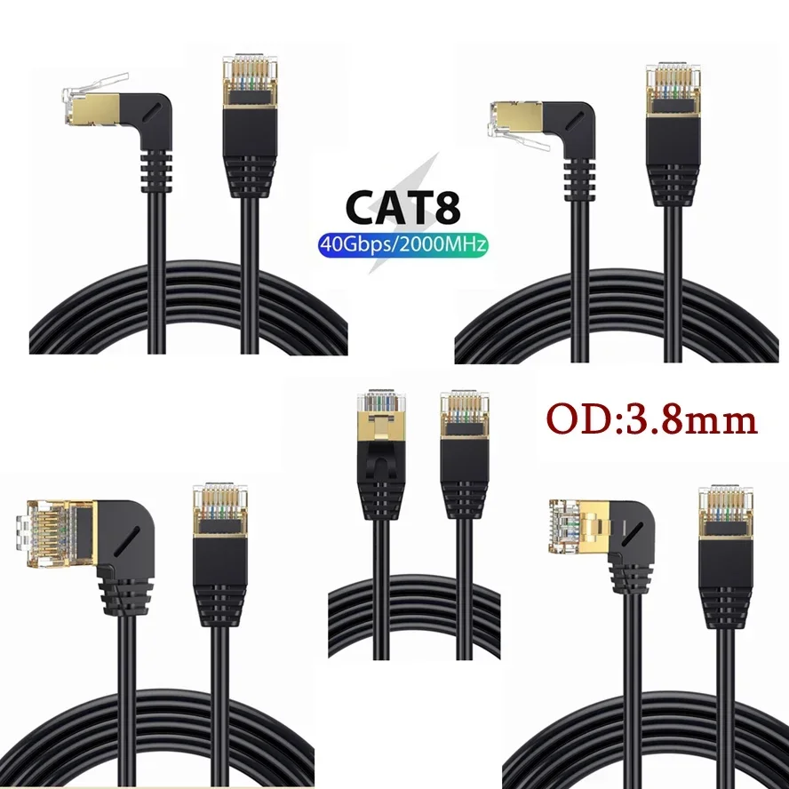 BSN Ultra Slim Cat8 Ethernet Cable SFTP 40Gbps 2000MHz Cat 8 RJ45 Network Lan 90 Degree UP Down Angle Internet Ethernet Cable