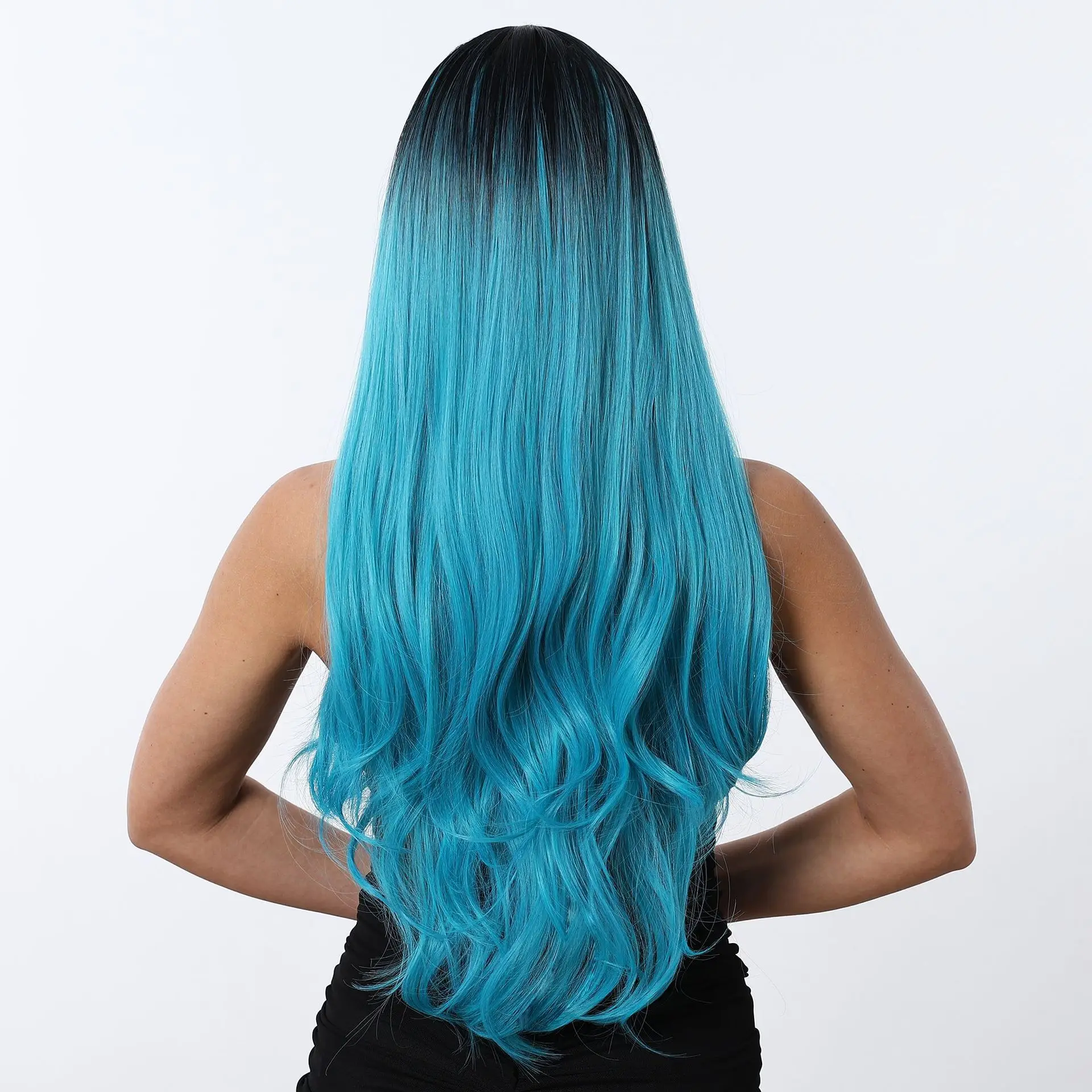 أزياء التغيير التدريجي الأزرق والأسود شعر مستعار طويل مجعد مع نفس مزاجه شعر مستعار واقعي #3