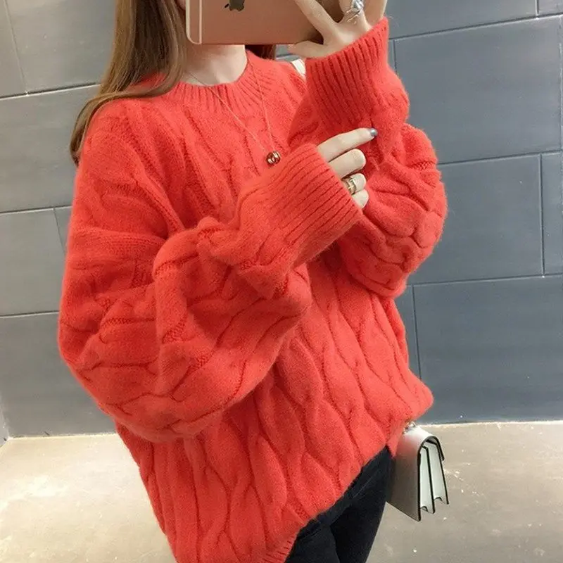 Fashion Loose Solid Color Long Sleeve Sweaters for Female All-match Simplicity Round Neck Knitted Pullovers Women\'s Clothing