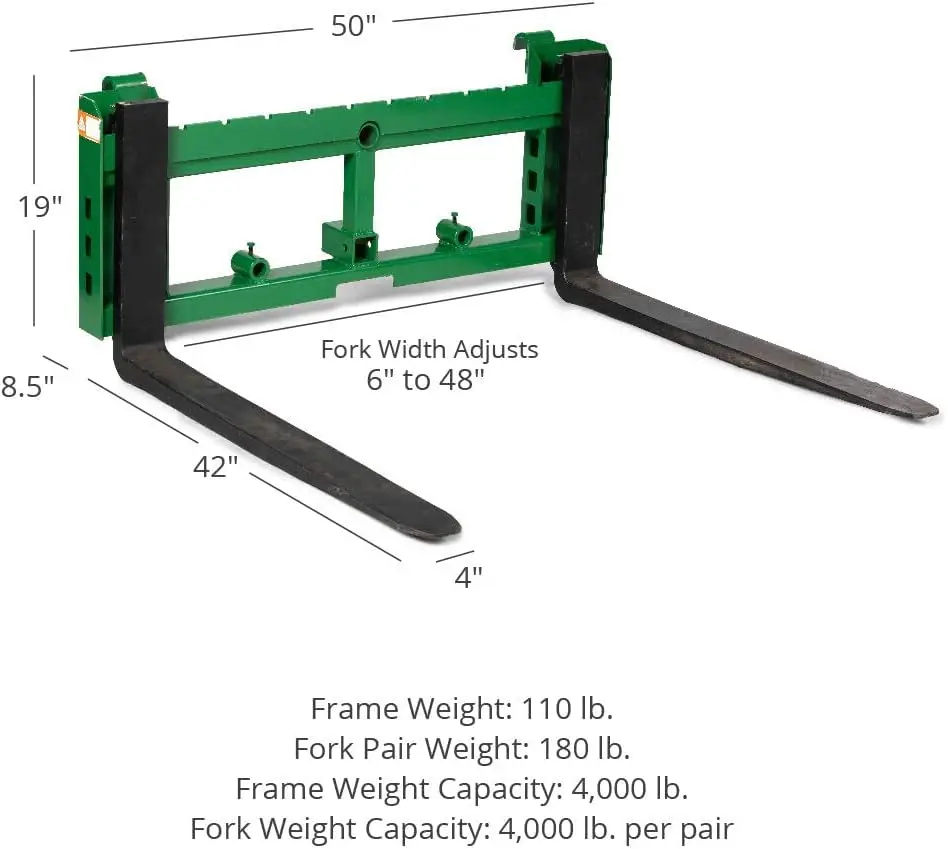 Titan Attachments Pallet Fork Attachment, 42â€ Fork Blades, Rated 3,000 LB, Receiver Hitch, Fits John Deere Loaders