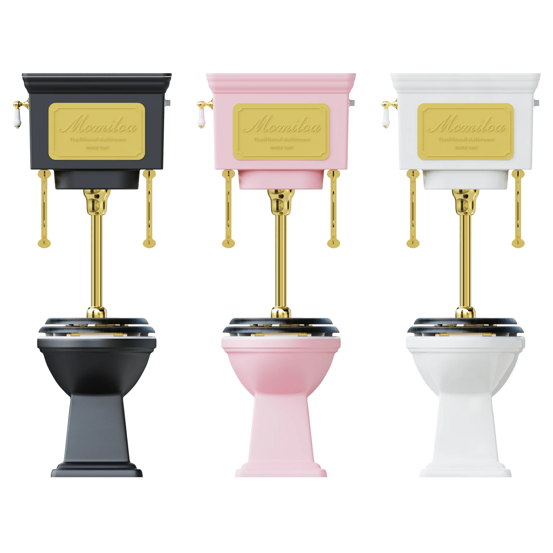 Retro-classical metal toilet with middle water level, gold and silver solid wood cover, split toilet.