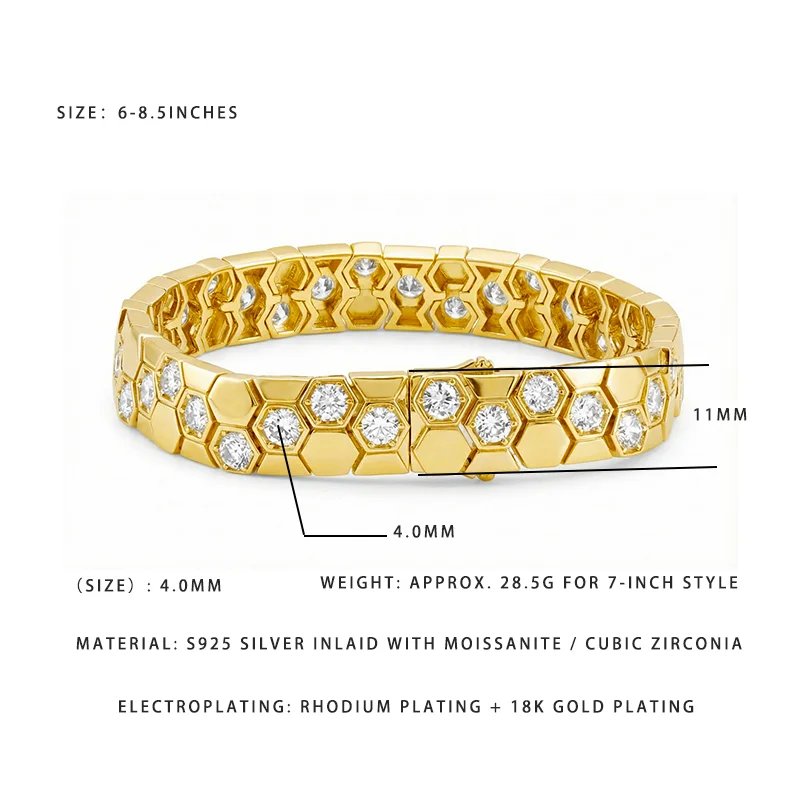 

S925 Silver Inlaid Moissanite Bracelet 18K Gold + Rhodium Plated 7 Inch 28.5G Women's Jewelry