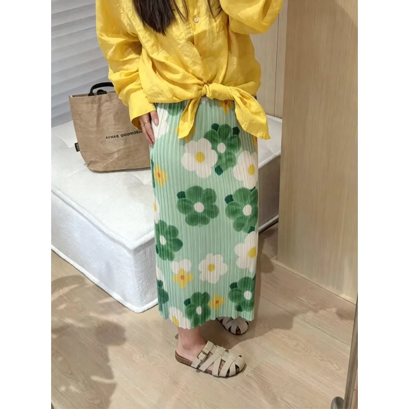 Miyake Pleated 2026 New Original Summer Slim Fit Elastic Waist Stretch Large Hip Covering Casual Pleated Straight Printed Skirt