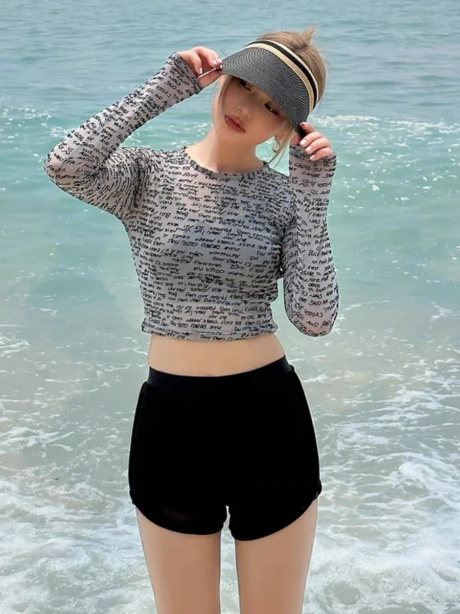 

Black Letter Print Long Sleeve Cover Up 3 Piece Swimsuit 2026 Women Push Up High Waist Shorts Bikini Bathing Suit Surf Swimwear