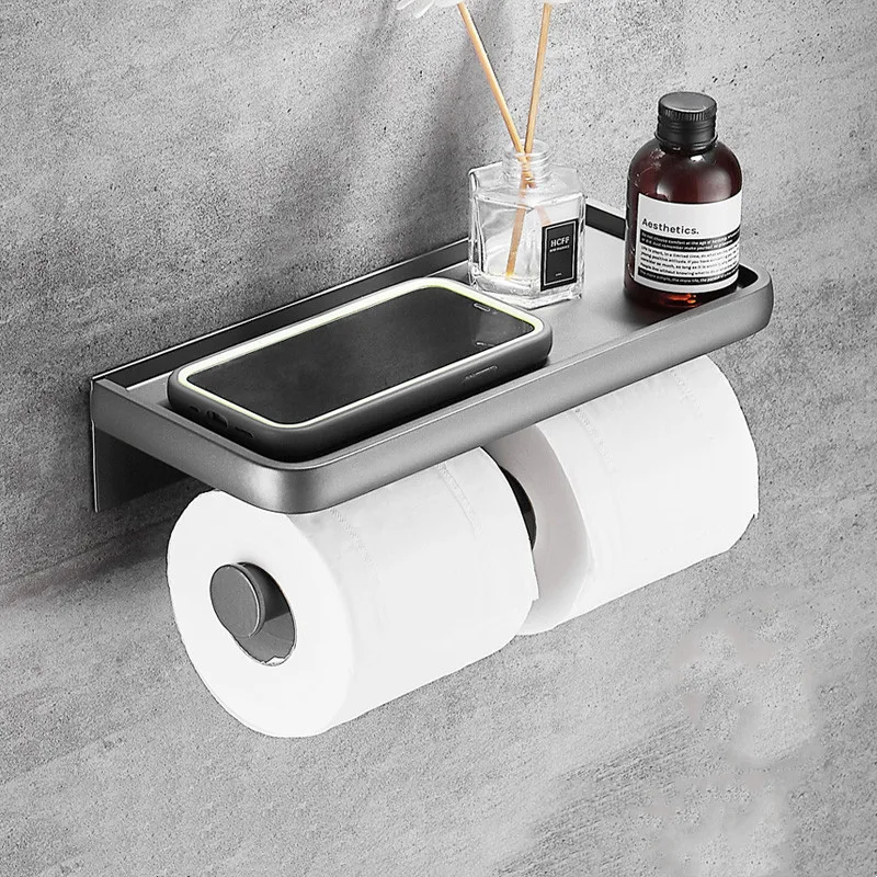 

Grey Bathroom Roll Paper Holder Aluminum Bath Mobile Phone Towel Toilet Tissue Rack Wall Mounted Nail Punched Corner Shelf