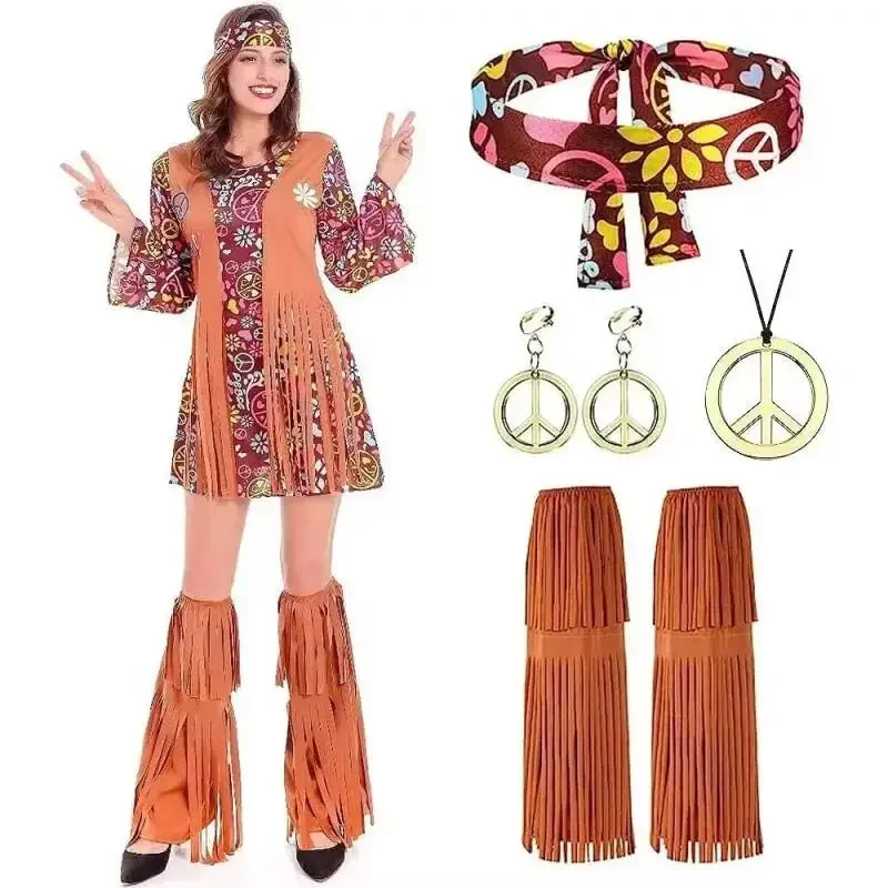 Conjunto Completo de Disfraz Hippie Vintage de los Años 60 y 70 para Mujer con Accesorios a Juego, Disfraz de Carnaval de Halloween