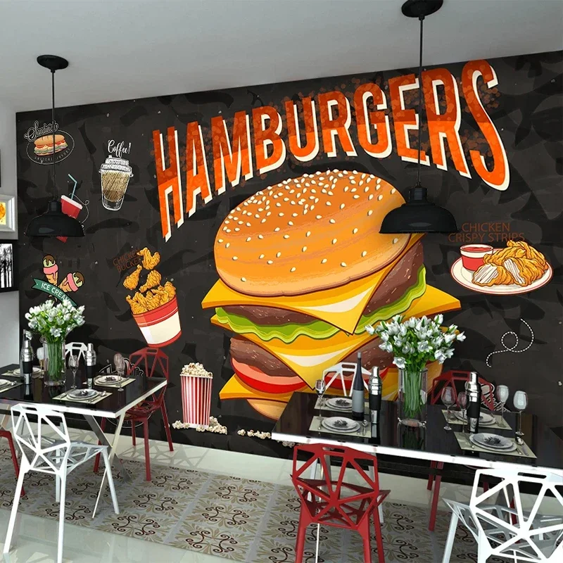 Custom Any Size Mural Wallpaper 3D Stereo Hamburger Fried Chicken Fast Food Restaurant Background Wall Painting Creative Fresco