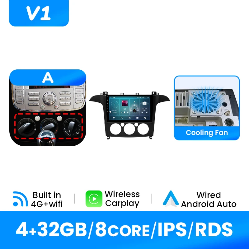 Draadloze Carplay Autoradio Speler Voor Ford S-Max 2007-2015 Android14 Auto 4G Wifi Multimedia GPS DSP 1280*720 IPS Scherm Geen 2Din