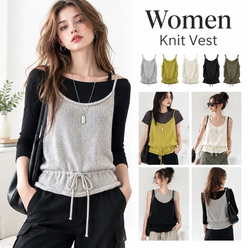 School Style Layering Knit Vest Lace Up Waist-Cinching Sweater Vest Korean Style Sleeveless Vest Women