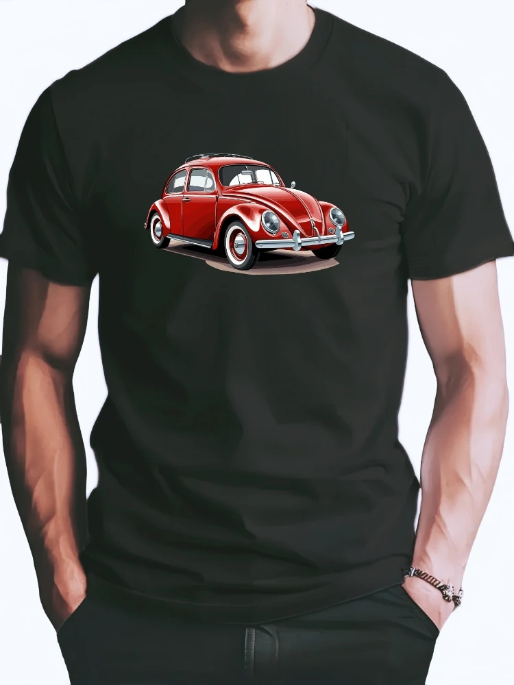 Classic red retro car, casual T-shirt with round neck and short sleeves, 100% cotton micro-elastic, and summer regular fit coat.
