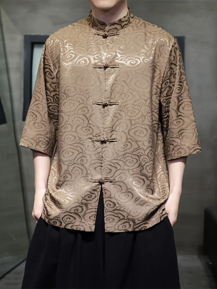 

Ice Silk Men's irt Draped ort Sve No Ironing Summer New Chinese Sle Faion Tang Suit Hanfu Loose Fit Youth ular