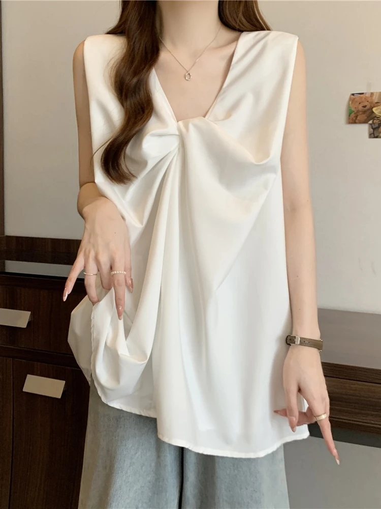 

White Sleeveless Base Shirt Women Summer Large Size Fat MM Slim Design Sense Vest Top Back Hollow out Small Shirt