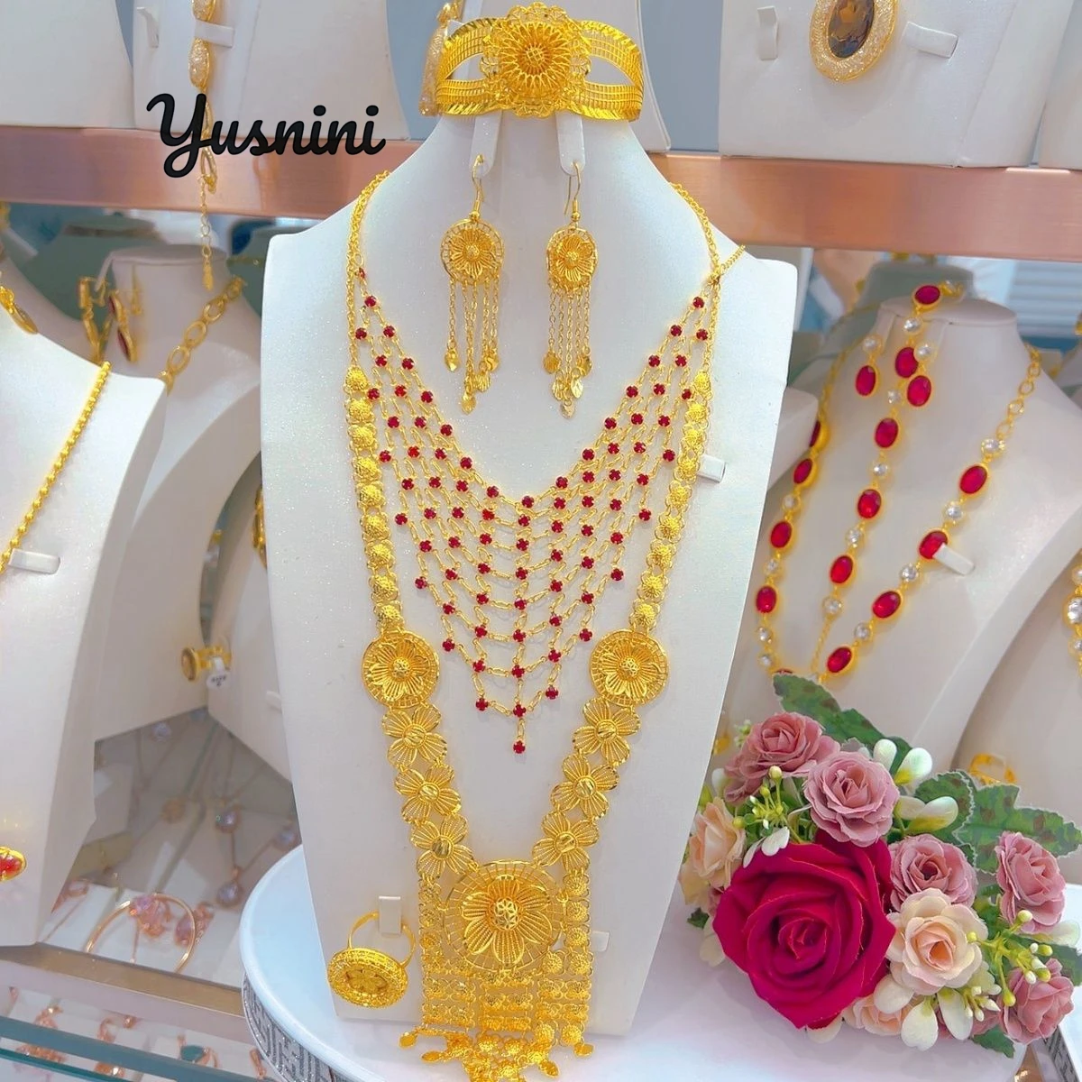 

Модное европейское Дубайское 24-каратное позолоченное ожерелье по индивидуальному заказу, серьги, кольца, браслеты, комплект ювелирных изделий для свадебной вечеринки для влюбленных DD10815