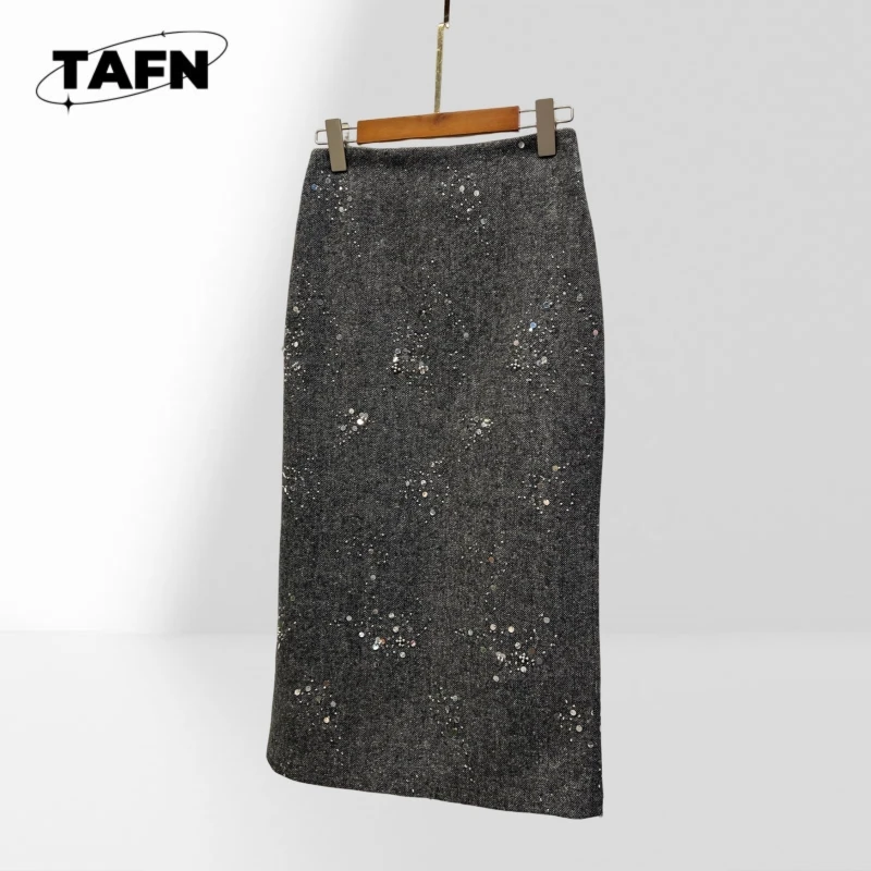 Wool Women Tweed Midi Skirt Sequin Embellished High Waist Straight Mid‑Length Skirt Dark Grey Zipper Elegant BH1902