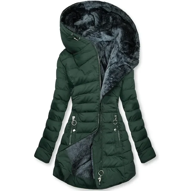 Parkas ajustadas con cremallera para mujer, chaqueta acolchada de algodón, abrigo de manga larga con capucha, Cuello de piel cálido, ropa de tendencia de invierno