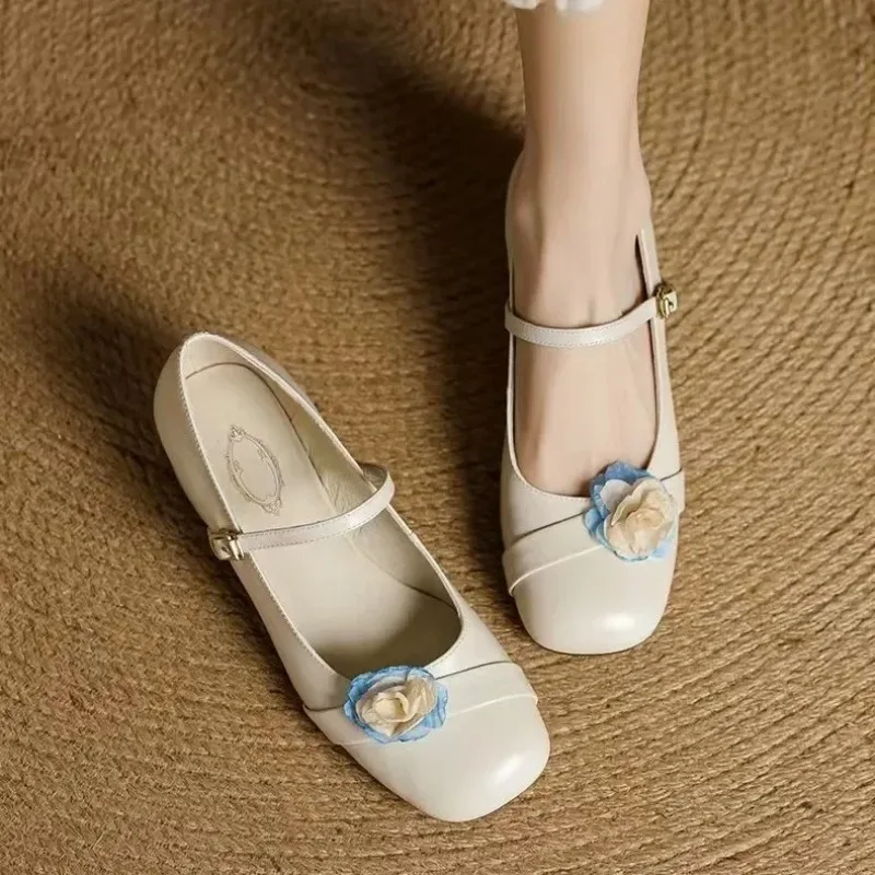 

French Style Square Head Large Flower Shallow Mouth Mary Jane Shoes Women's Fashionable Versatile Commute Thick Heel Soft
