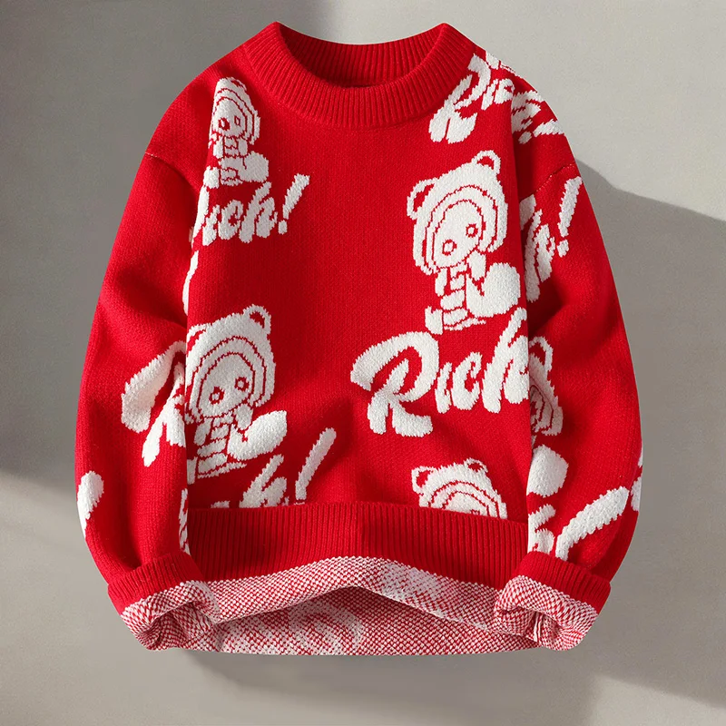 

Красный вязаный утепленный мужской свитер в модном городском стиле для зимнего сезона, удобный крой, круглый вырез, длинный рукав