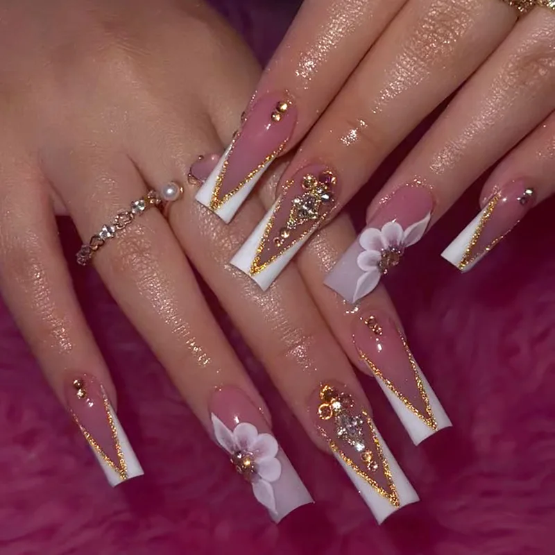 24 piezas uñas postizas con strass, francesas brillantes con flores, largas cuadradas rosas 3