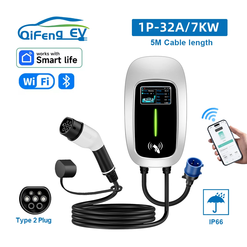

QiFeng 7KW 32A Type 2 EV Charging Station Electric Vehicle Charger Wallbox EV Charger 4.3inch Screen 1 Phase WiFi APP Bluetooth