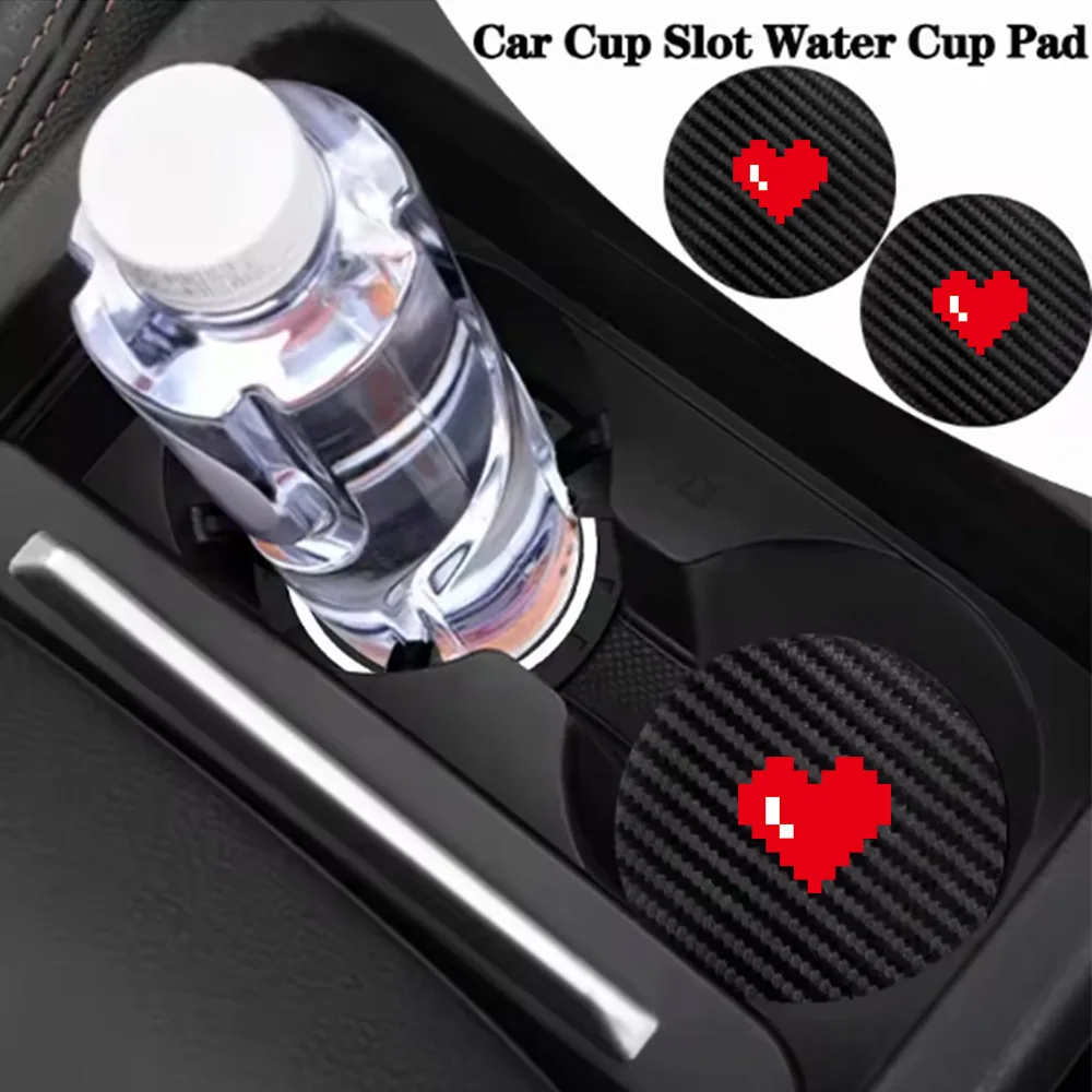 Red Heart-Shaped Car Interior Accessories Carbon Fiber Pattern Cup Mat Car Accessories Collection Non-Slip Mat Cute Cartoon Storage Slot Decorative Storage Mat