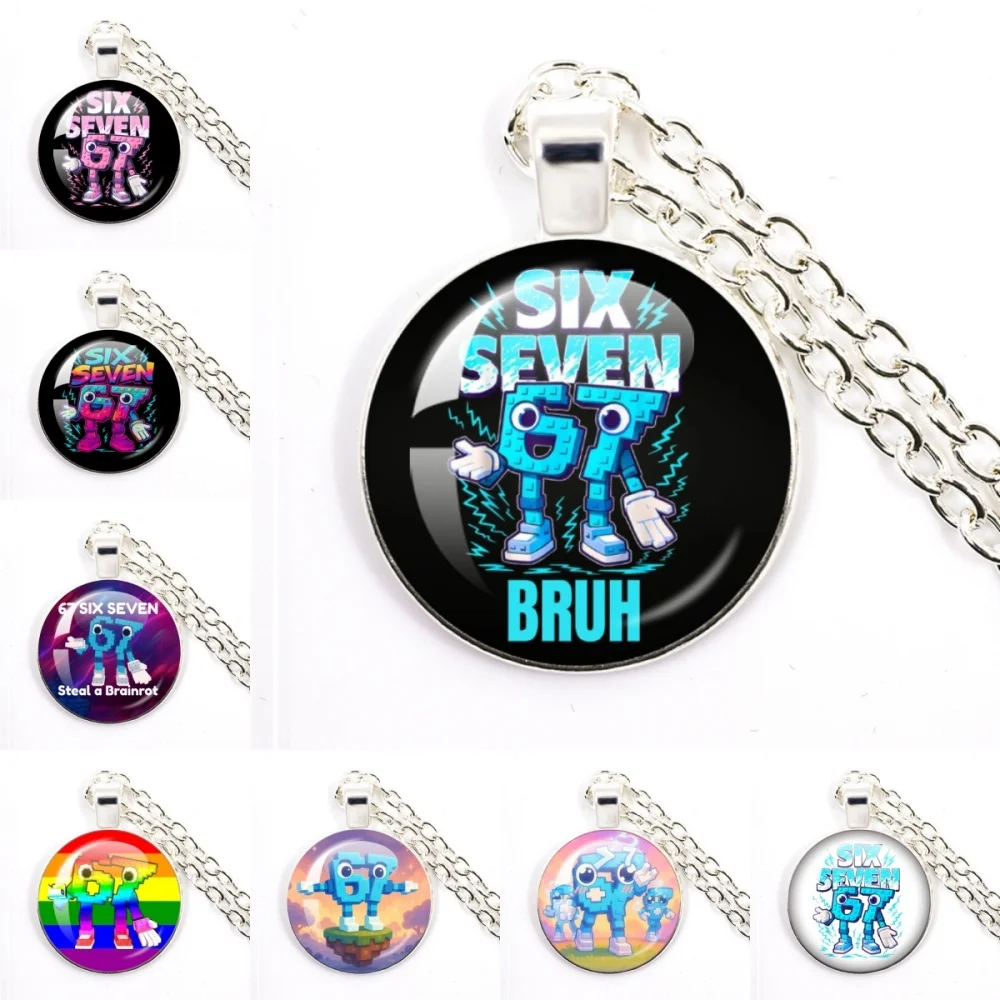 STEAL A BRAINROT Blau 67 Lustiger Meme-Glas-Cabochon-Anhänger Halskette Charm Schmuck Accessoires Fans Dekoration Geschenke Schmuck