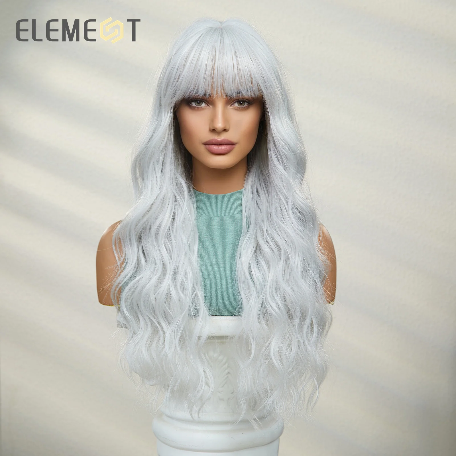 ELEMENT Cute Barbie Wigs Gray White Loose Long Curly Hair synthetic Bob Wig with Bangs Lolita Cosplay Party Daily Wigs for Women