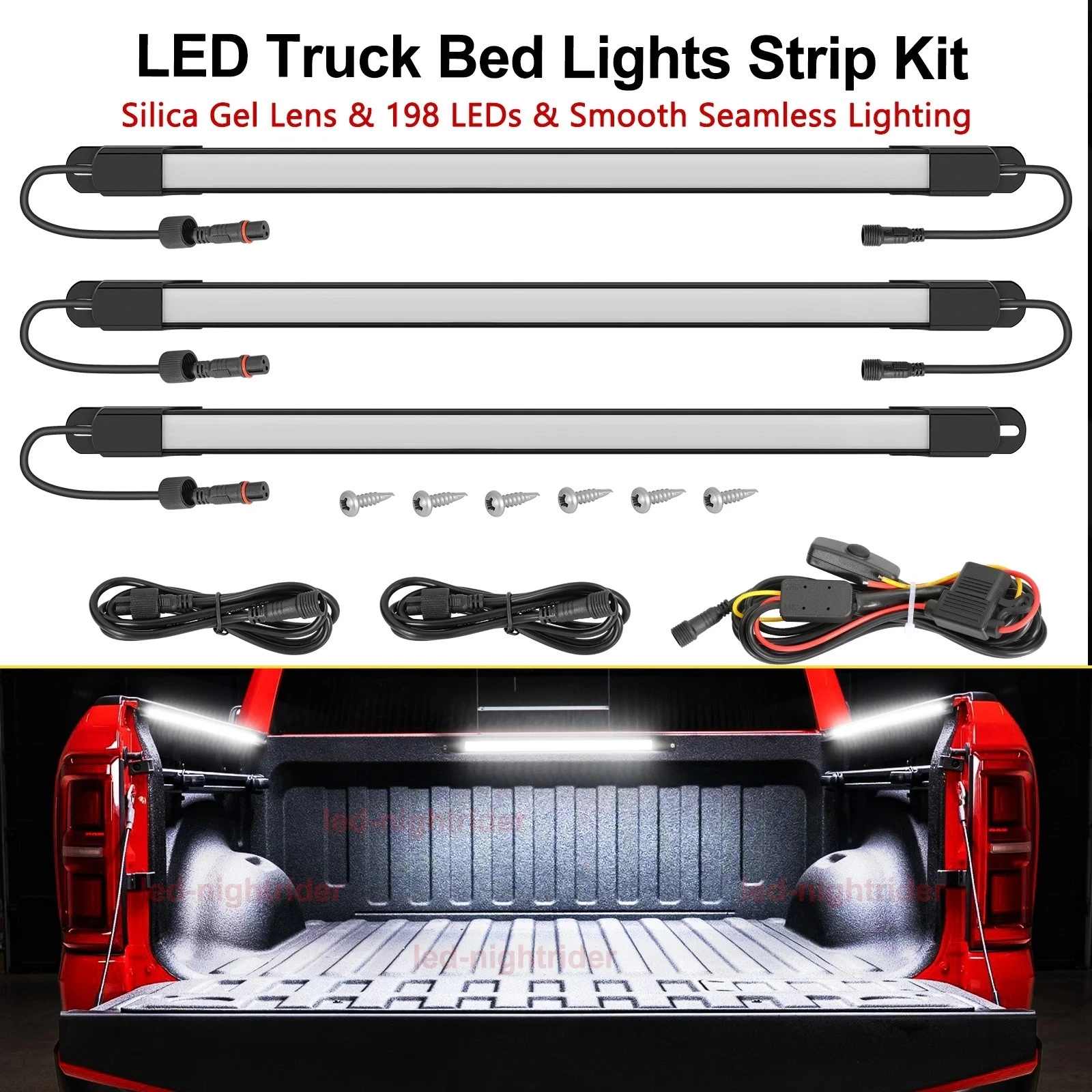 

3PCS Waterproof Pickup Truck Bed Lights 198 LED Strip Lighting Kit DRL Cargo Trunk Lamps Car Accessories White 3IN1 Grille Lamps