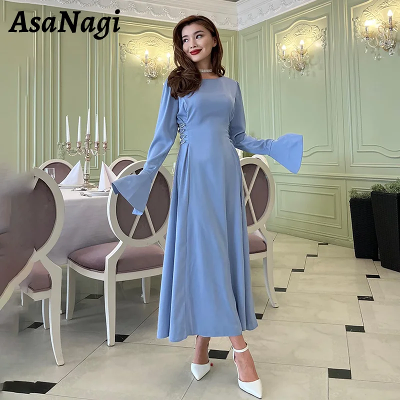 

AsaNagi Saudi Arabia O Neck Prom Dress Women's O Neck Strap A Line Party Evening Gown Ankle Long Sleeve Formal Occasion Dresses