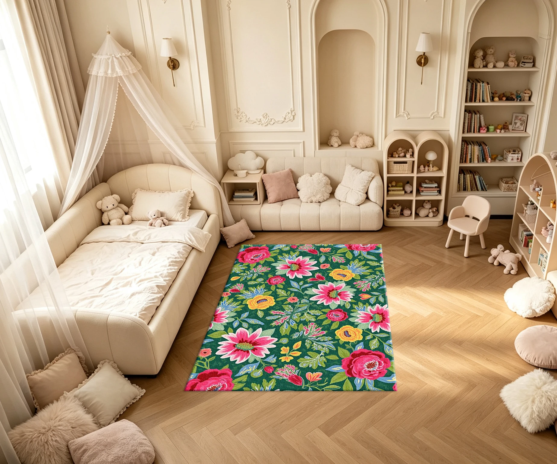 Vibrant Green Background Bright Peony Rose Floral Carpet Flooring Colorful Botanical Seamless Printed Square Area Rug for Home Living Room Decor