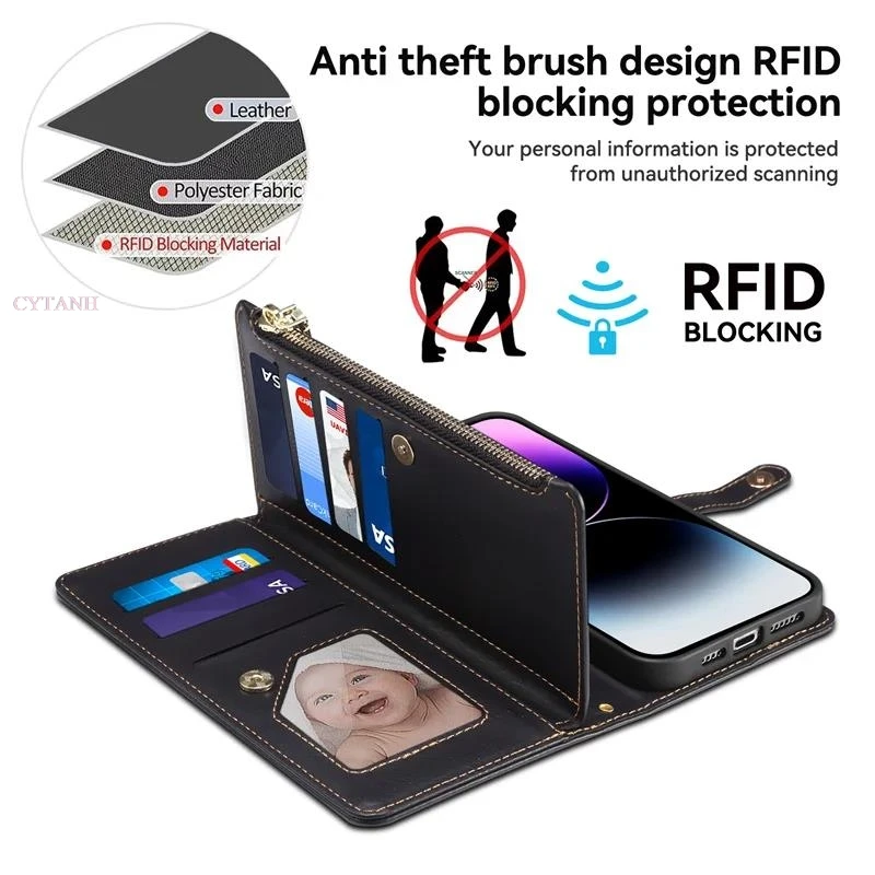 RFID Block Leather Zipper Wallet Case For iPhone 16 15 14 Pro Max Multi Card Slot Book Etui For iPhone 16 15 14 Plus Pro Cover