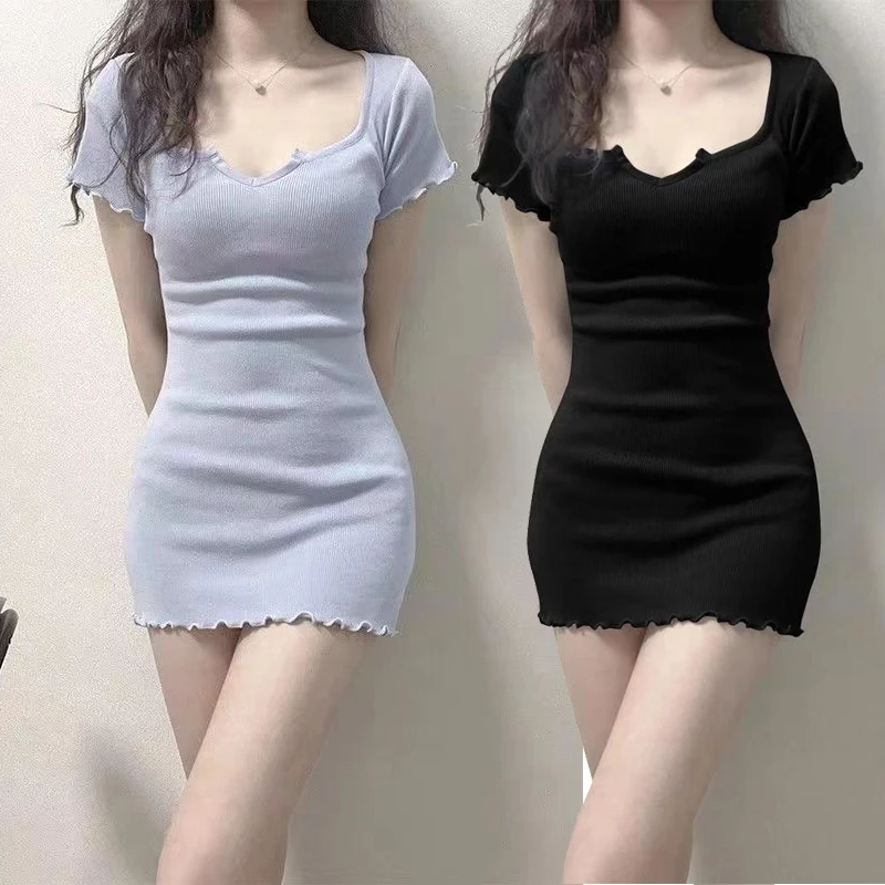 2024 Summer Hotsweet Short Sleeve Sexy V-neck Mini Dress for Women Korean Fashion Slim Fit Temperament Elegant Wrap Hip Dress