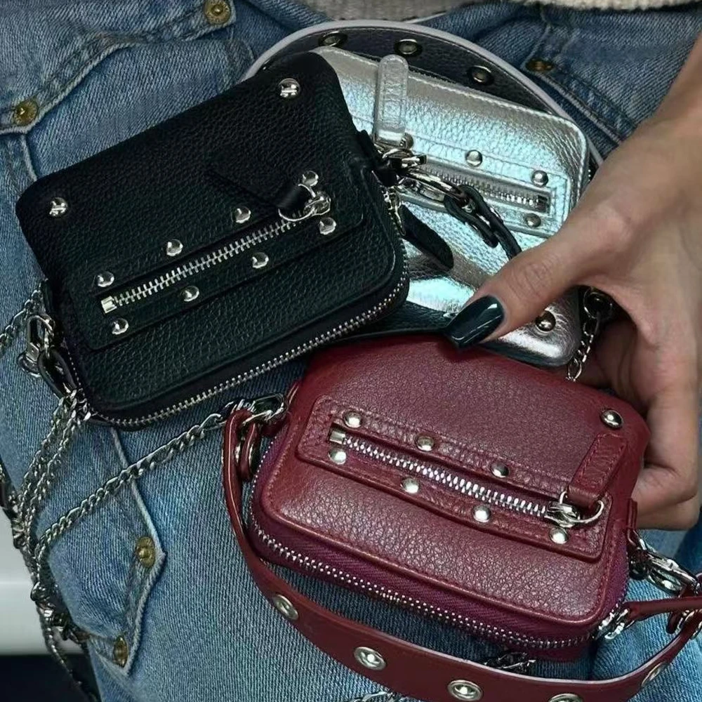 Fashionable Y2k Harajuku Riveted PU Leather Wallet Retro Street Mini Card Storage Bag Coin Purse Waist Bag Handbag Coin Pouch