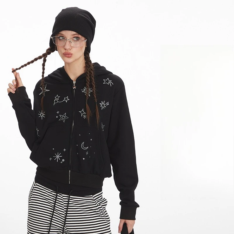 

Американский кардиган со стразами, толстовка с капюшоном на молнии для женщин осень 2025, повседневная модная брендовая куртка с длинными рукавами