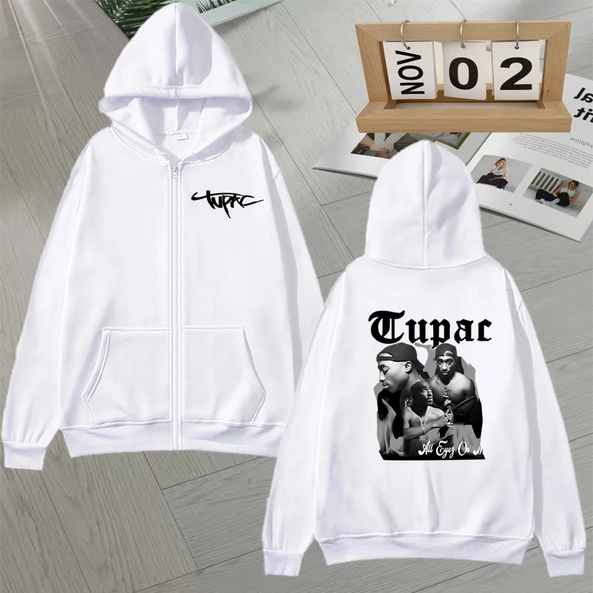 Tupac 2pac Graphic Double Sided Print Autumn Winter Zip Up Long sleeve Hoodie Men Women Loose jacket Fleece Unisex Zip Up Coats