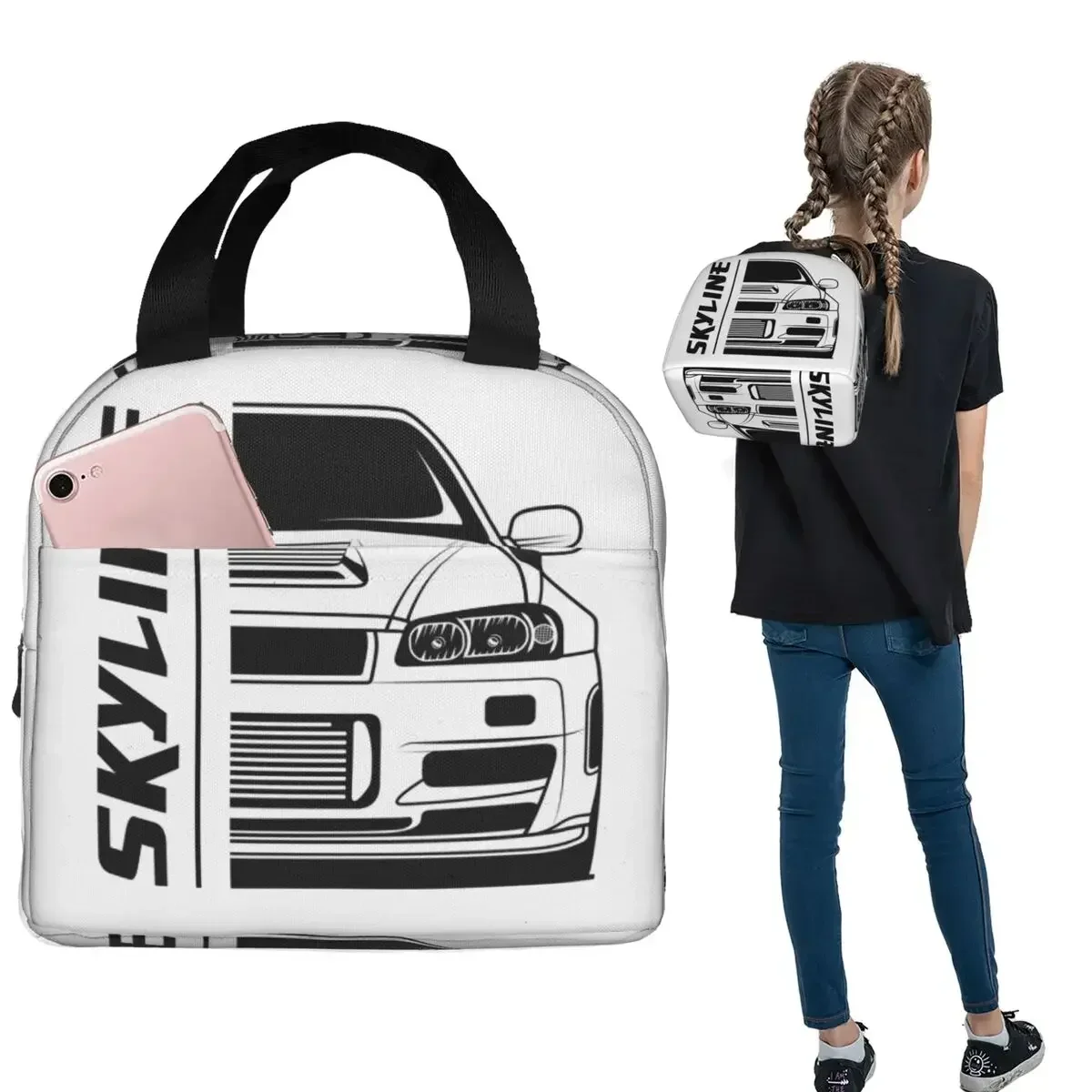 Skyline R34 G-GTR-S Car Lover Accessories JDM Cars Insulated Lunch Bag for Women Kid Leakproof Food Boxes Thermal Lunch Box Tote