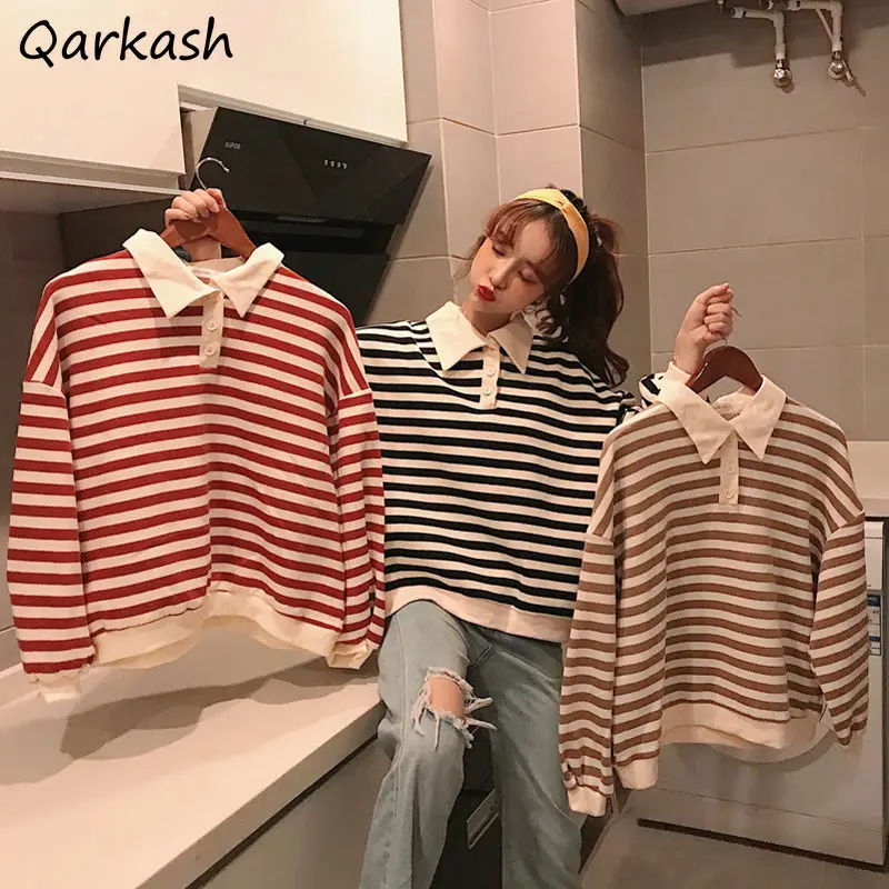 T-shirts Women 3XL Tops Leisure Simple Teens Retro Striped All-match Cozy Soft Warm Korean Style Fashion Autumn Tees Long Sleeve